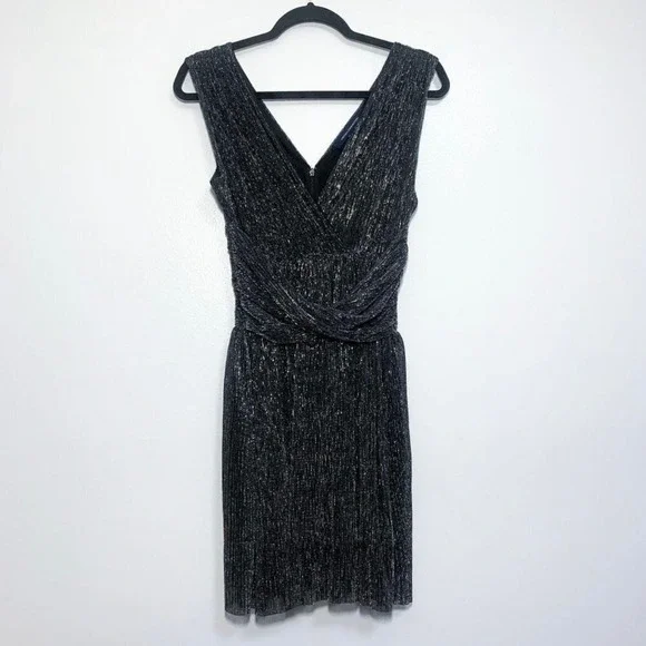 French Connection Marcelle Metallic V Neck Dress Charcoal Silver Size 6 NWT - Picture 5 of 14